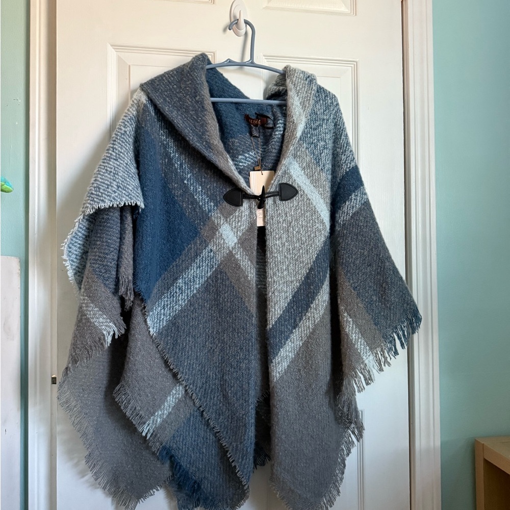 Plaid Hooded Poncho with Toggle Closure